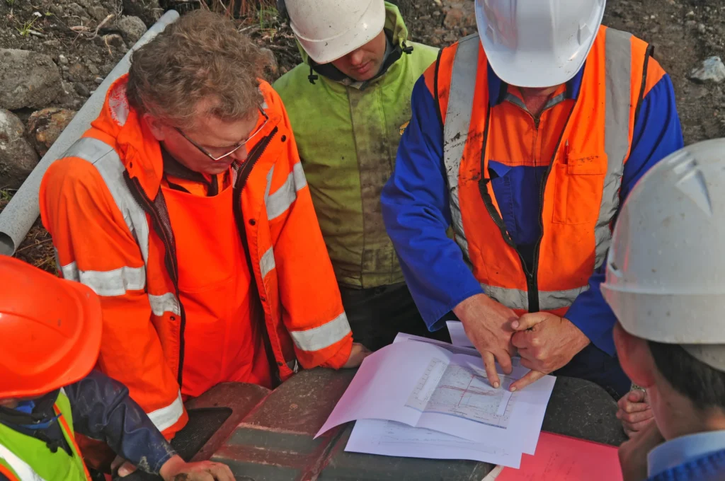 Surveyors discussing site plans outdoors.