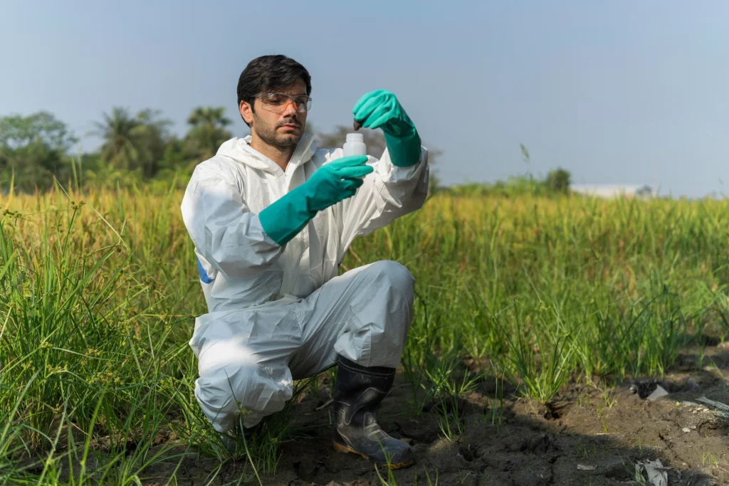 A technician collecting soil samples for environmental assessment.