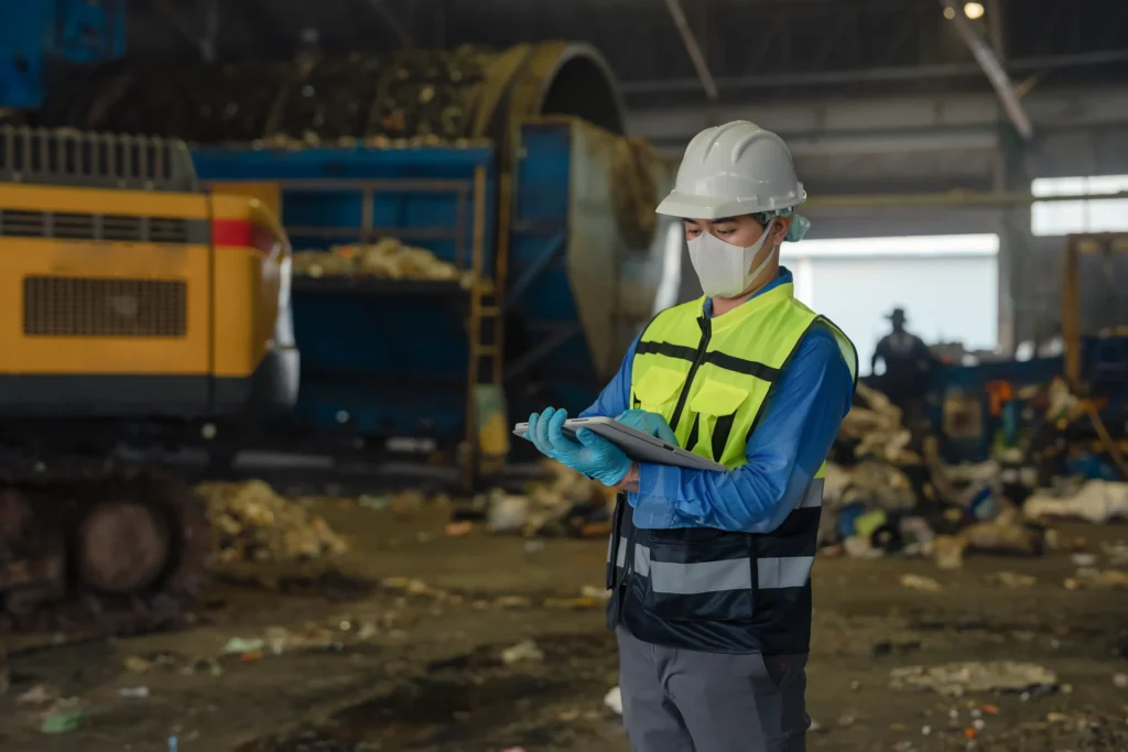 Inspector recording observations at a waste recycling facility.