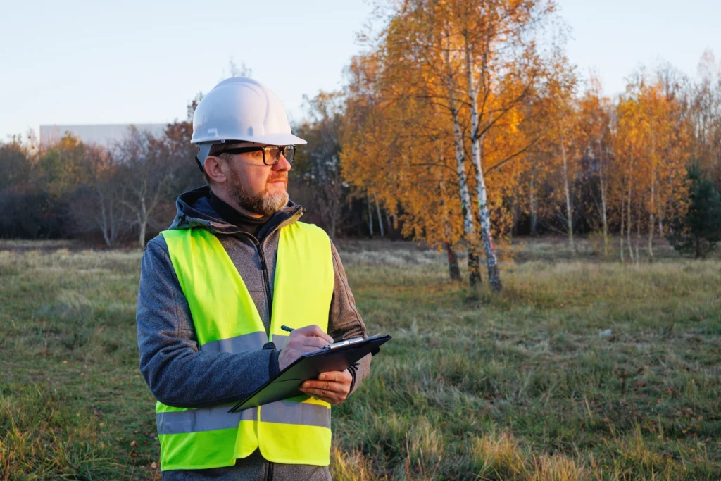 A surveyor recording observations on undeveloped land.