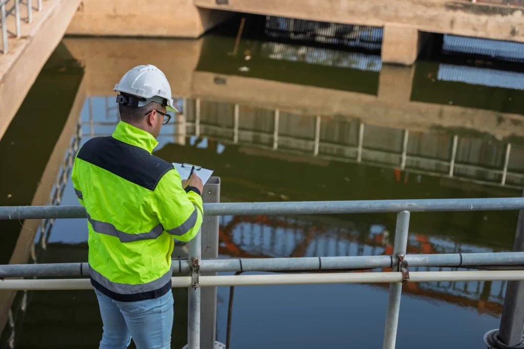 Recording site observations beside wastewater treatment equipment.