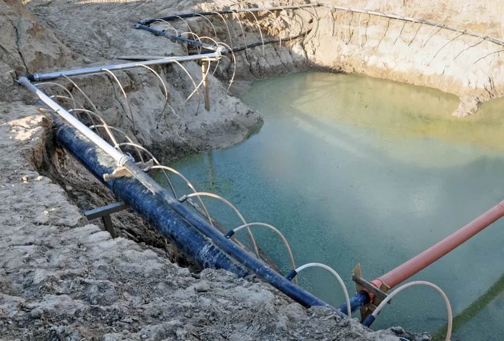 Groundwater pumping pipes arranged around a water-filled excavation.