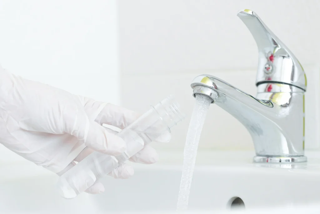 A gloved hand holding a sample tube beneath a running tap.