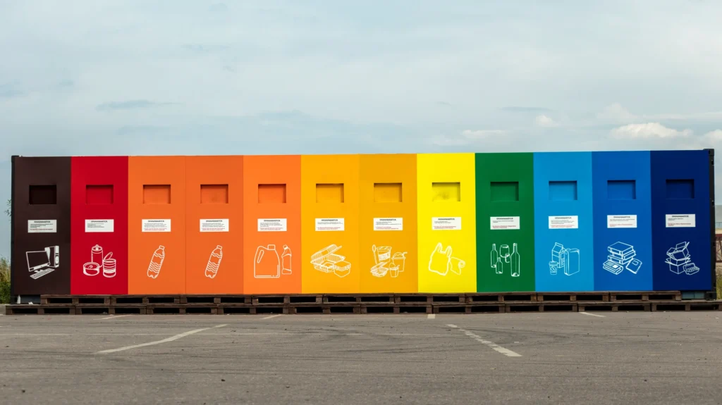 A row of colour-coded containers for separating recyclable materials.