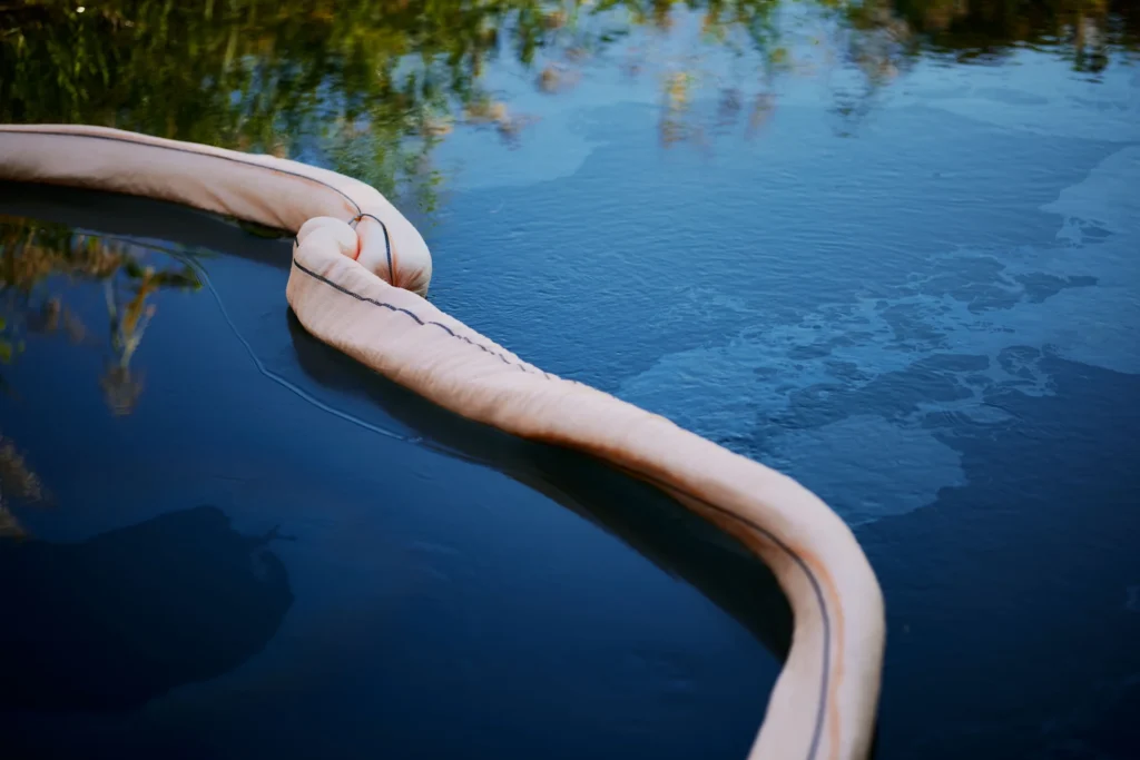 An absorbent containment boom floating on the surface of a river.