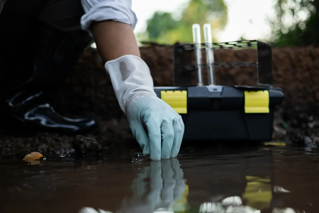 A gloved hand collecting a water sample beside field testing equipment.