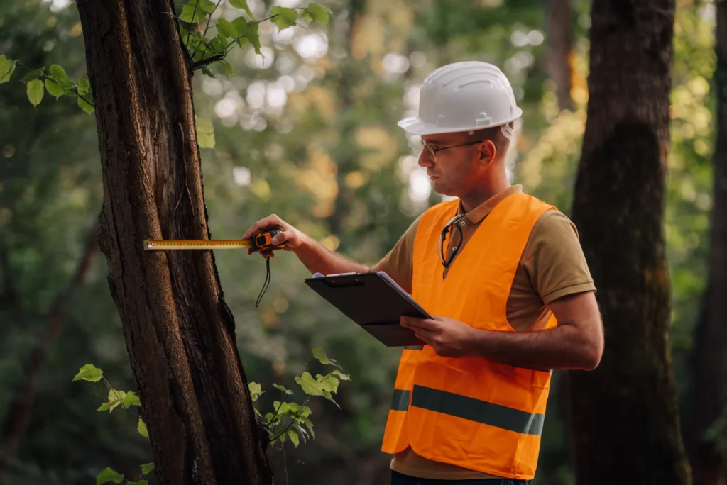 A forestry worker measuring a tree trunk and recording observations.
