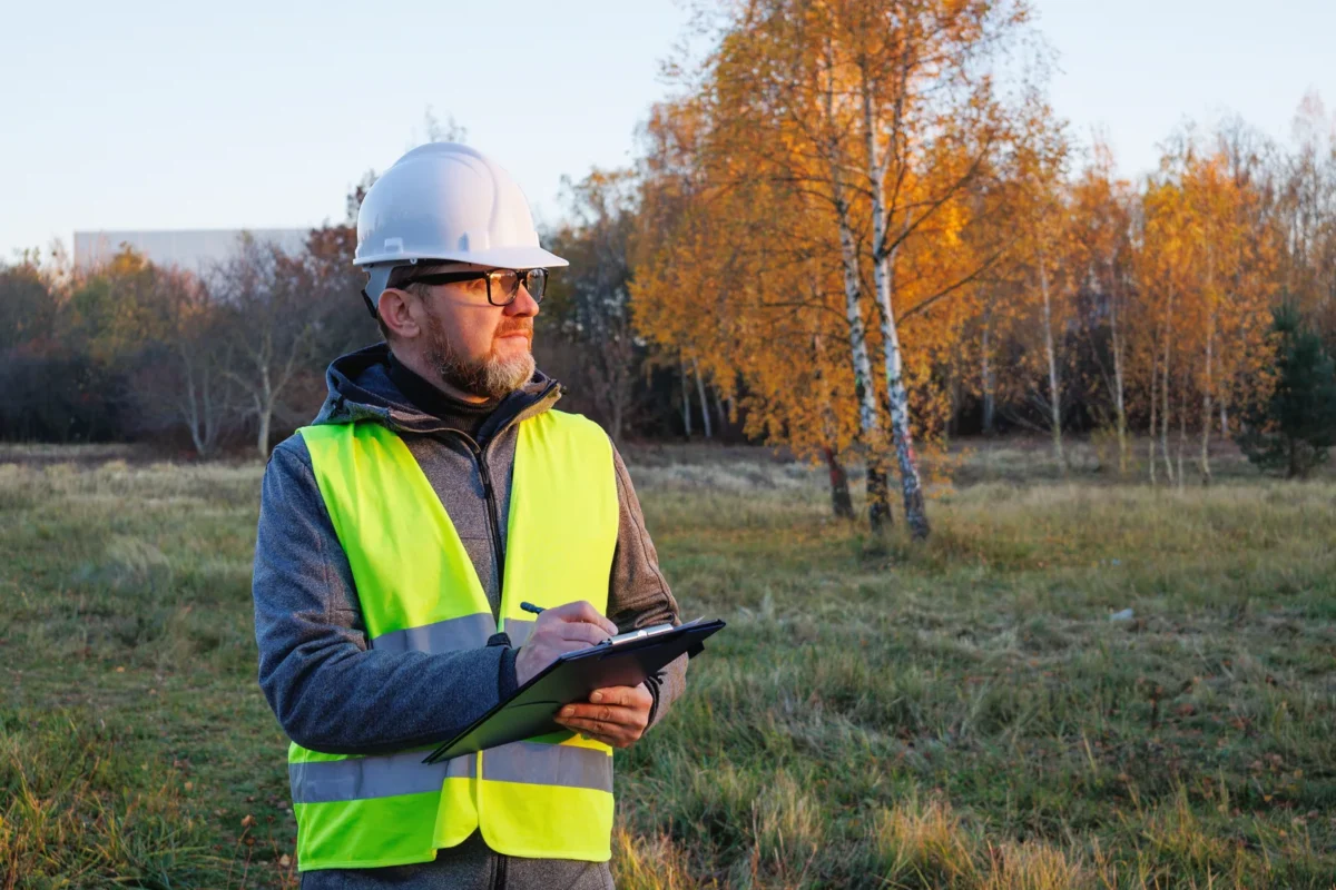 A surveyor recording observations on undeveloped land.